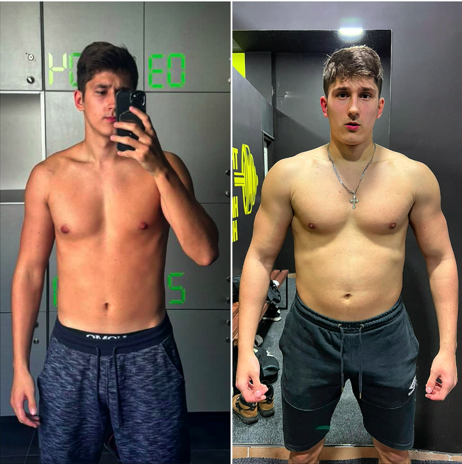💥Novi rezultat u timu💥 Slika lijevo 77kg. Slika desno 83.6kg. - Napredak klijenta za 30 dana personalnih treninga. Za 30 dana dobili smo 6.6kg. Krenuli smo postepeno jer je klijent imao operaciju ramena. Nakon odrađene tehnike izvođenja i korekcije na sve vježbe postepeno smo pojačavali radne težine. - Što se tiče ishrane jedino što je ispratio je dnevni unos proteina, ne ispod 200g. Naravno i pored toga smo uspjeli da napakujemo mesa, jer zapamtite Protein je jedina gradivna materija koja vam gradi mišić, UH i Mast su samo energije koje trošite kroz težinske i aerobne treninge. -Kardio trening nismo radili!