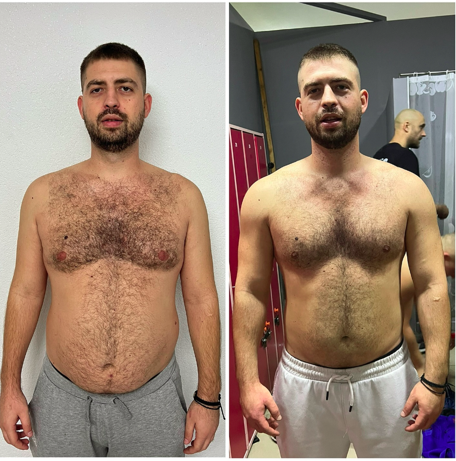 💥 Novi rezultat u timu 💥 Slika lijevo 98.8kg. Slika desno 96kg. - Napredak klijenta, drugara za 8 sedmica online saradnje. Razlika u kilaži je samo 2.8kg dok smo u struku istopili 13cm, obim ruke je skočio sa 41cm na 44.5cm. Obim noge je sa 65cm na 68.5cm. - Ovo vam je čist dokaz kada se gube masne naslage a uporedno gradi mišićna masa odnosno rekompozicija tijela. - Ishranu smo počeli sa visokom rotacijom uh 400-350-300 i postepeno smanjujemo, protein i mast držimo fiksno ( protein 200g, mast 60g ). - Kardio treninge još nismo ni počeli. - Što se tiče daljeg rada, prelazimo na personalne treninge 1na1 i dodajemo gas sa radnim težinama i u cilju nam je da napakujemo što više mesa dok paralelno topimo višak masnih naslaga. - Uskoro “update”. Svaka čast brate idemo još jače sad!! ⏳🦾