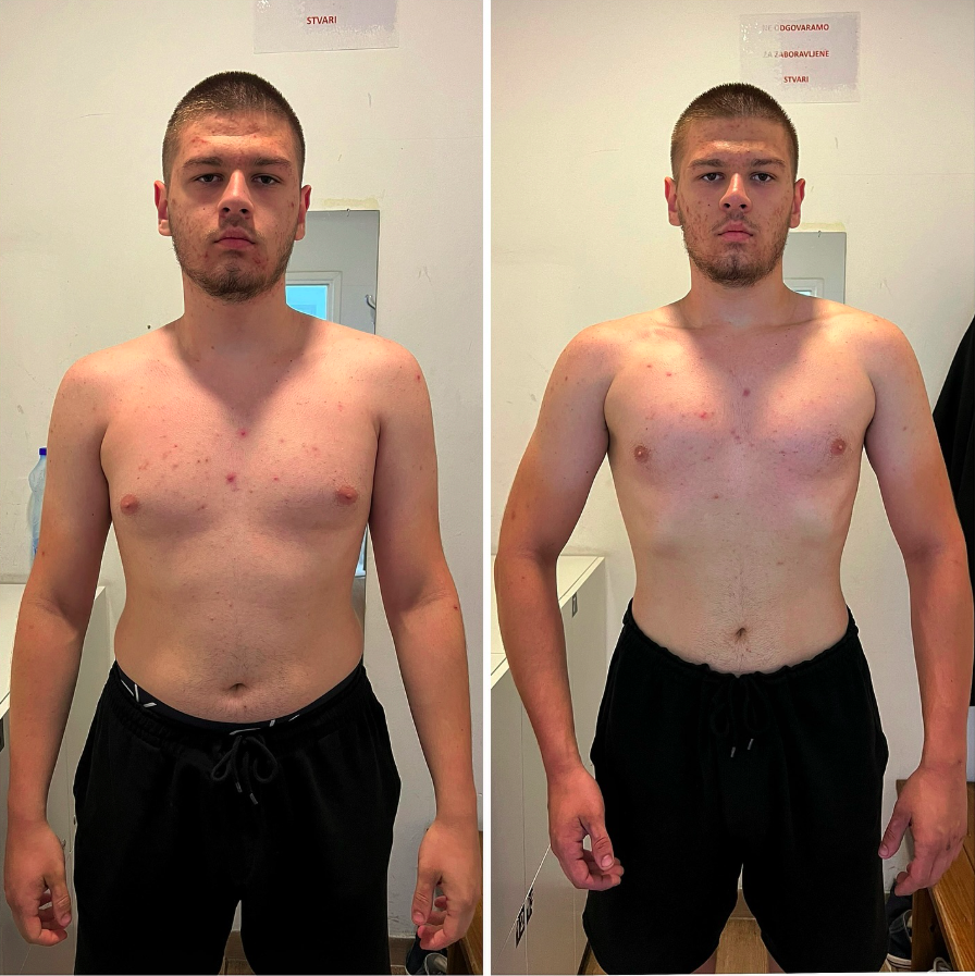 💥 Novi rezultat u timu 💥 Slika lijevo 97kg. Slika desno 88kg. -Napredak klijenta za 8 sedmica saradnje. U ovih 8 sedmica izgubili smo 9kg. Pored izgubljene kilaže mjerenja su pratila. -Obim bicepsa je sa 39cm skočio na 41.5cm. Struk tanko ( iznad pupka ) istopili sa 90cm na 78cm. Struk debelo ( ispod pupka ) istopili sa 100cm na 84.5cm. Obim noge spao sa 64cm na 63cm. -Ishrana ispraćena u gram. Makrosi sa kojima smo počeli su 200g protein i 50g mast koje smo držali fiksno svih 8 sedmicna dok smo radili rotaciju UH 300-250-200 i postepeno smanjivali. -Kardio rađen posle svakog težinskog treninga. Početak je bio 400kcal i postepeno smo dizali potrošnju. -Bravo bruda svaka čast, ja sam prezadovoljan. Dalje nastavljamo još jače.